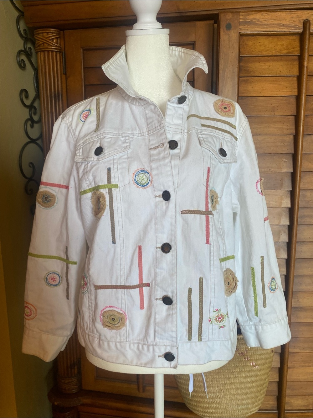 hearts of palm White Embroidered Jean Jacket with Multicolor Stitching